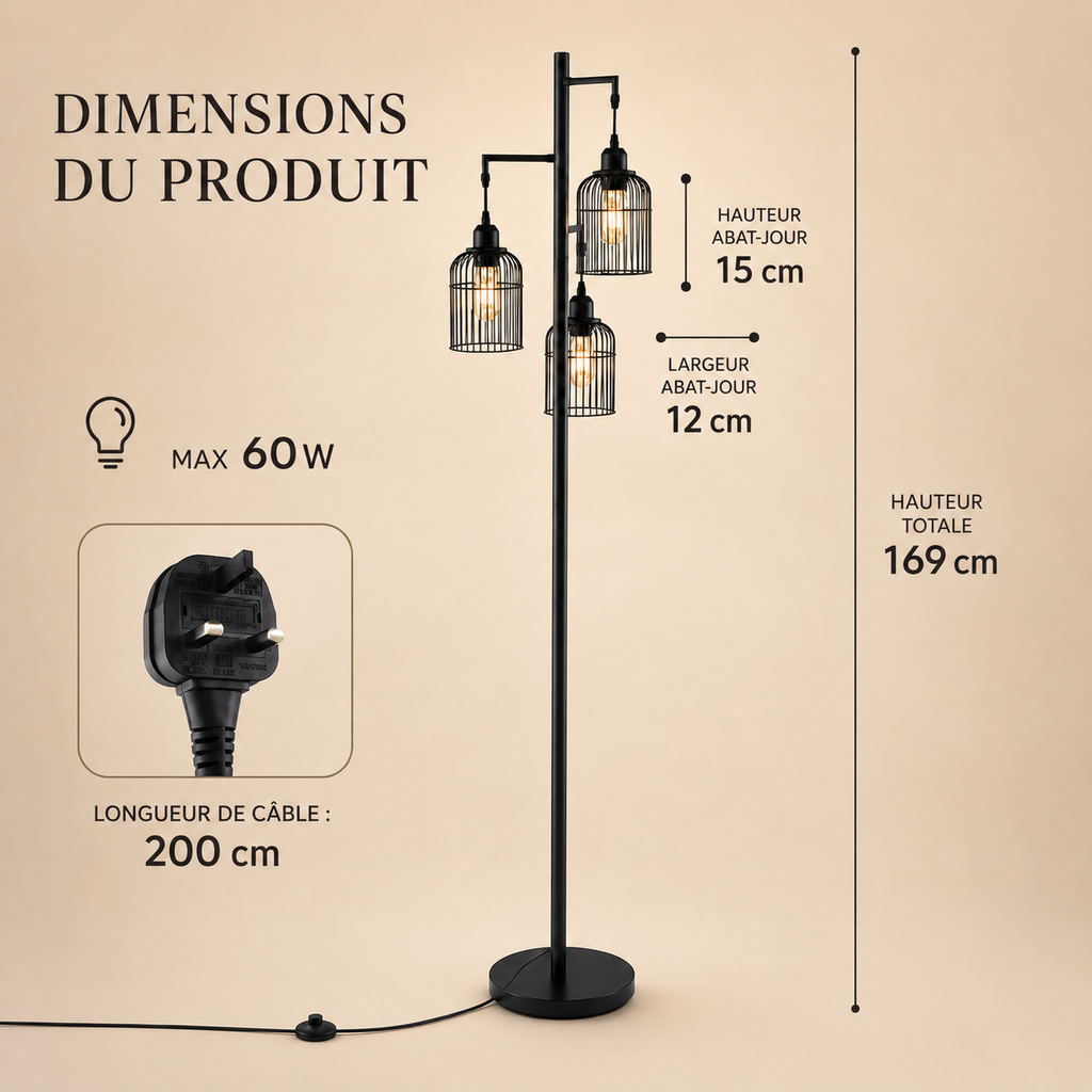 Lampadaire industriel 3 lumières Arlo