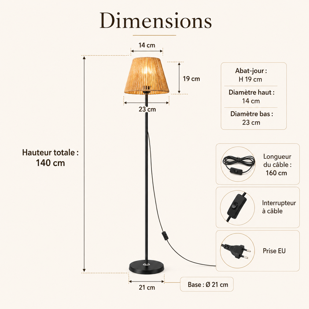 Lampadaire rotin noir pour salon Liora