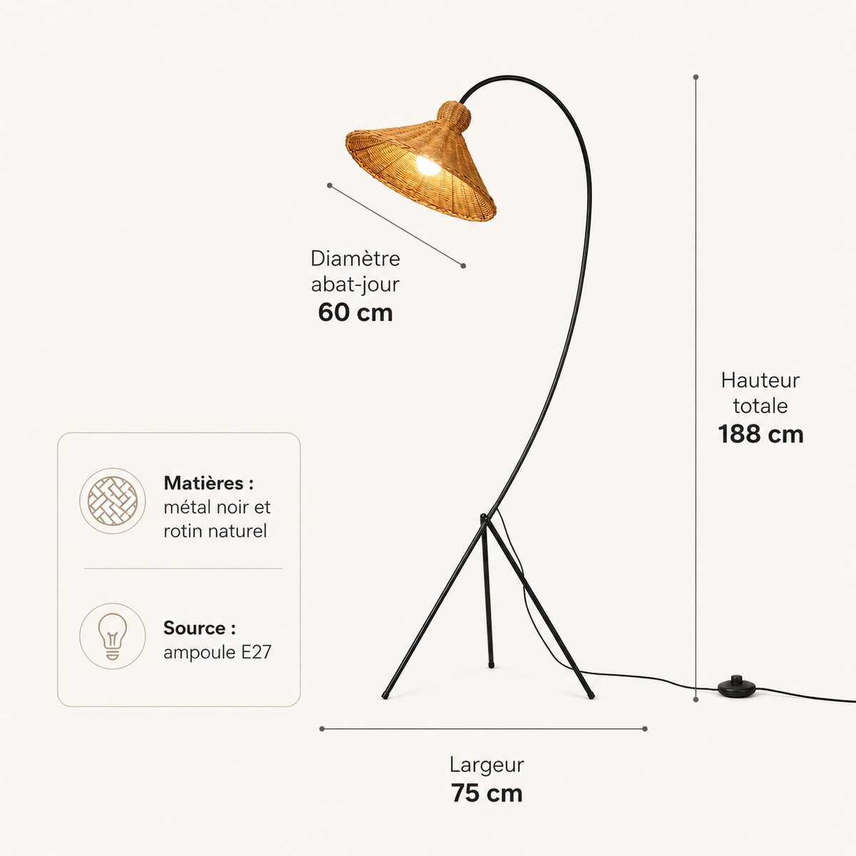 Lampadaire rotin arc pour salon Sora