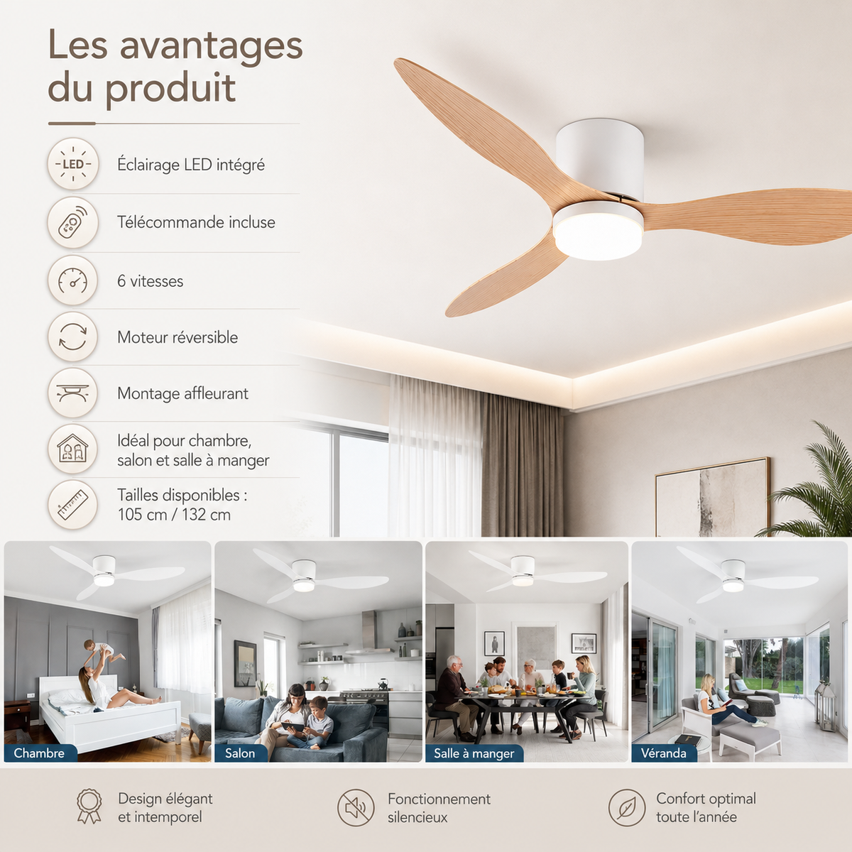 Ventilateur de plafond LED silencieux