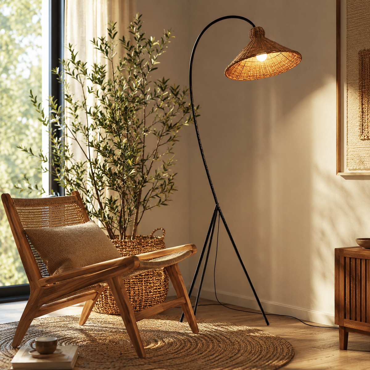 Lampadaire rotin arc pour salon Sora