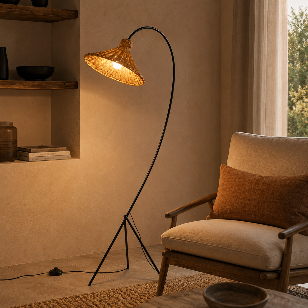 Lampadaire rotin arc pour salon Sora