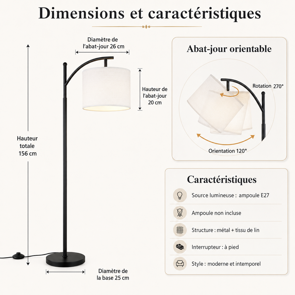 Lampadaire liseuse tissu Éline