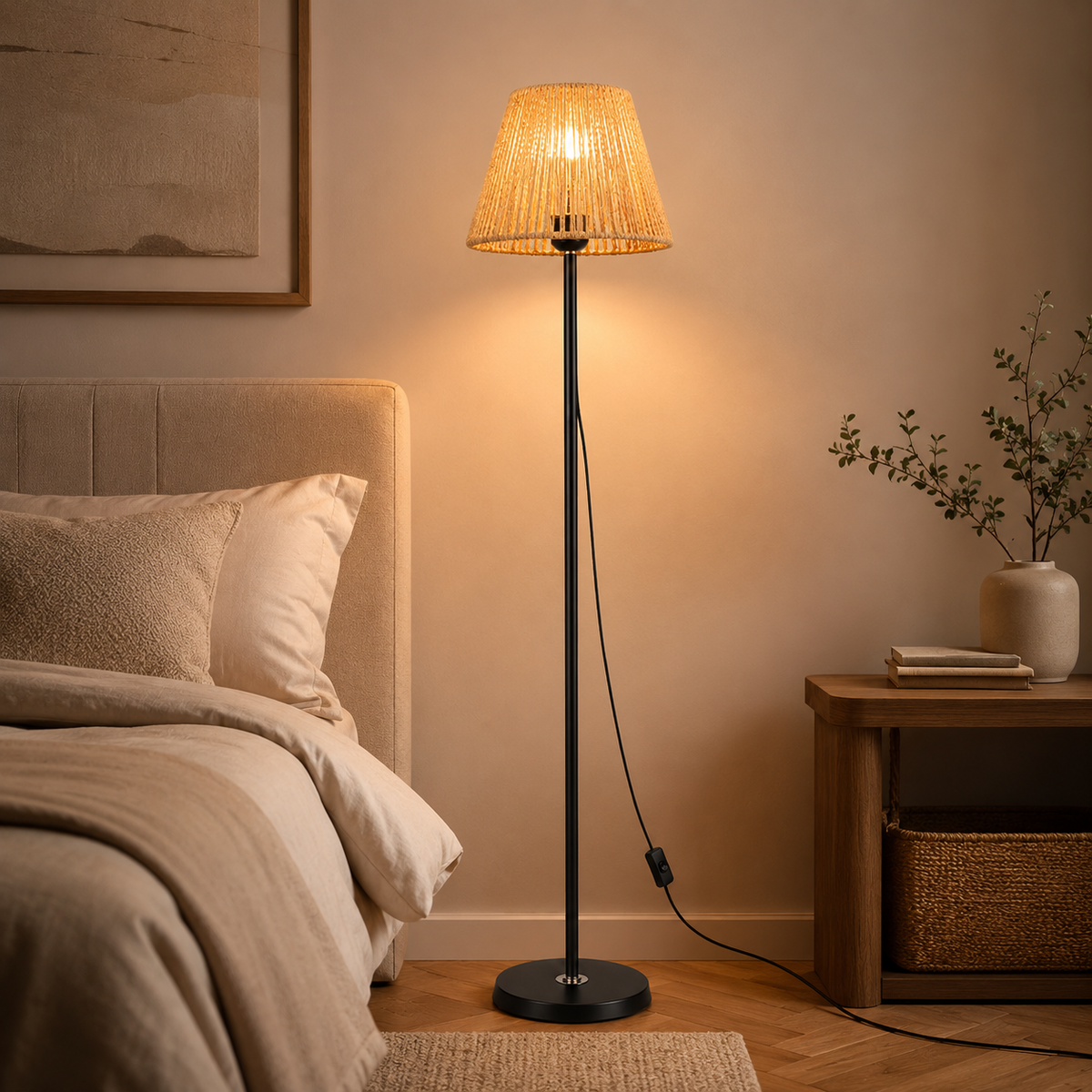 Lampadaire rotin noir pour salon Liora