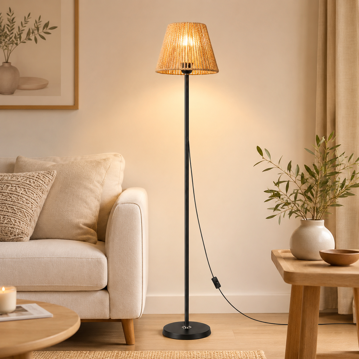Lampadaire rotin noir pour salon Liora