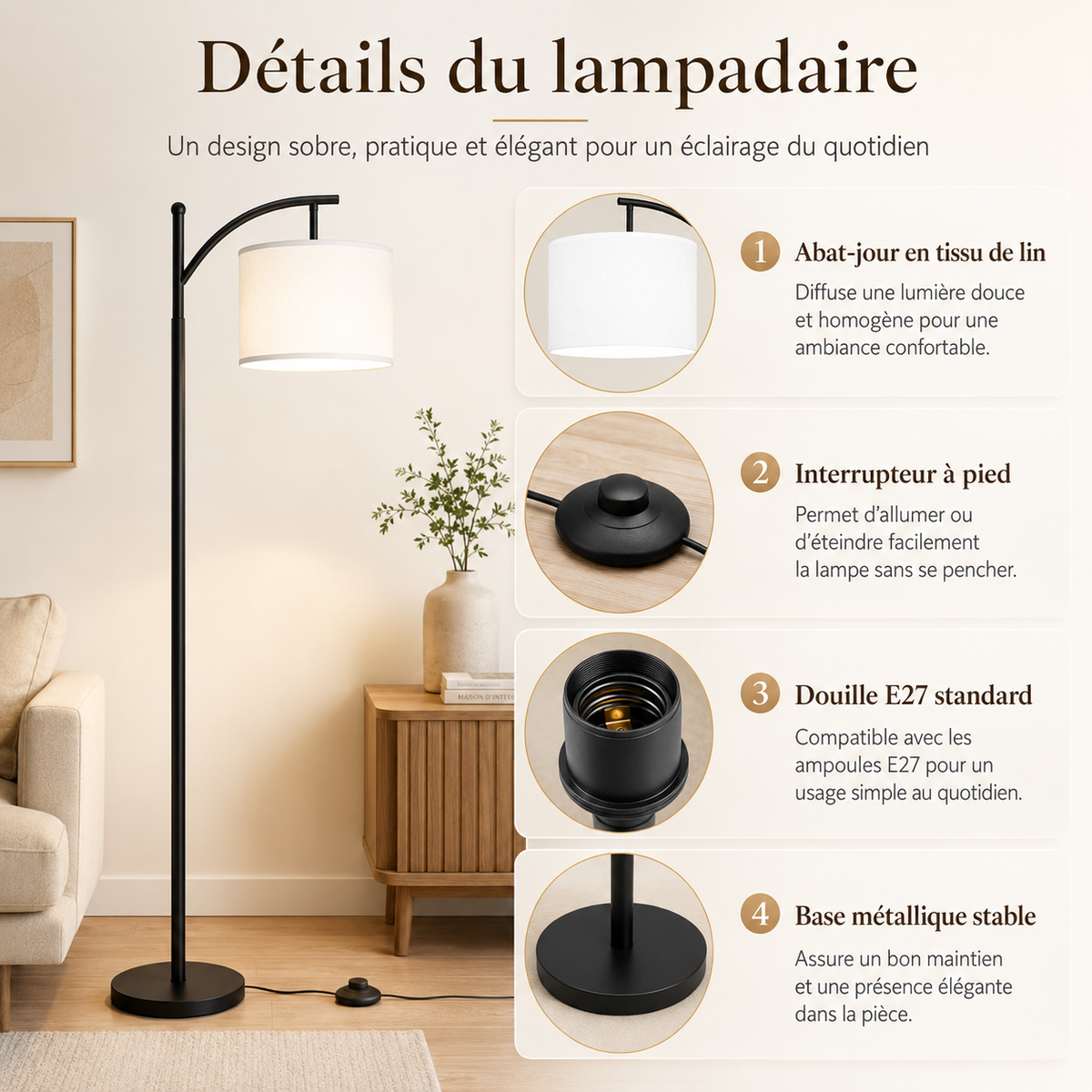 Lampadaire liseuse tissu Éline